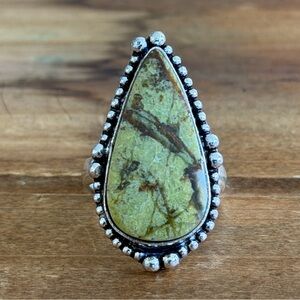 Vintage Style Genuine Serpentine Gemstone Ring Size 8 Silver 925 Plated Boho